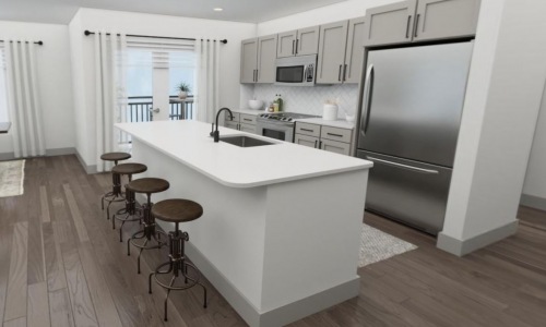 Digital rendering of kitchen with large island and stainless steel appliances