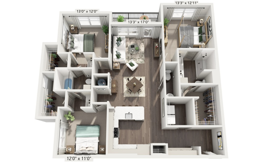 C2 - 3 bedroom floorplan layout with 2.5 bathrooms and 1490 square feet