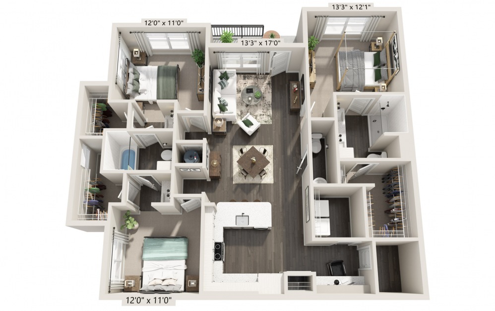 C1 - 3 bedroom floorplan layout with 2.5 baths and 1468 square feet.